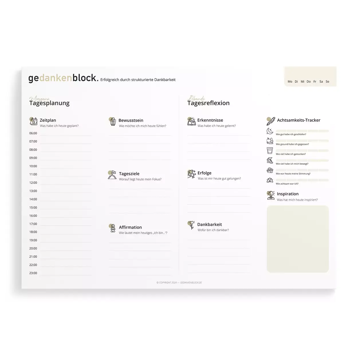 gedankenblock. - Notizblock »Time Blocking« (DIN A4) - Zeitplan und Tageszielen 1